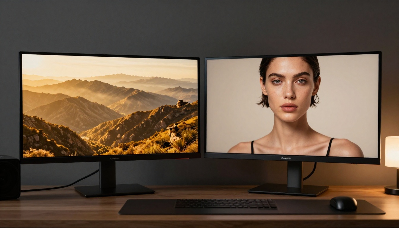 Two large widescreen monitors side by side on a studio desk displaying different high-resolution photographs, backlit against a dark matte grey wall with warm desk lamp from the right Two large widescreen monitors side by side on a studio desk displaying different high-resolution photographs, backlit against a dark matte grey wall with warm desk lamp from the right