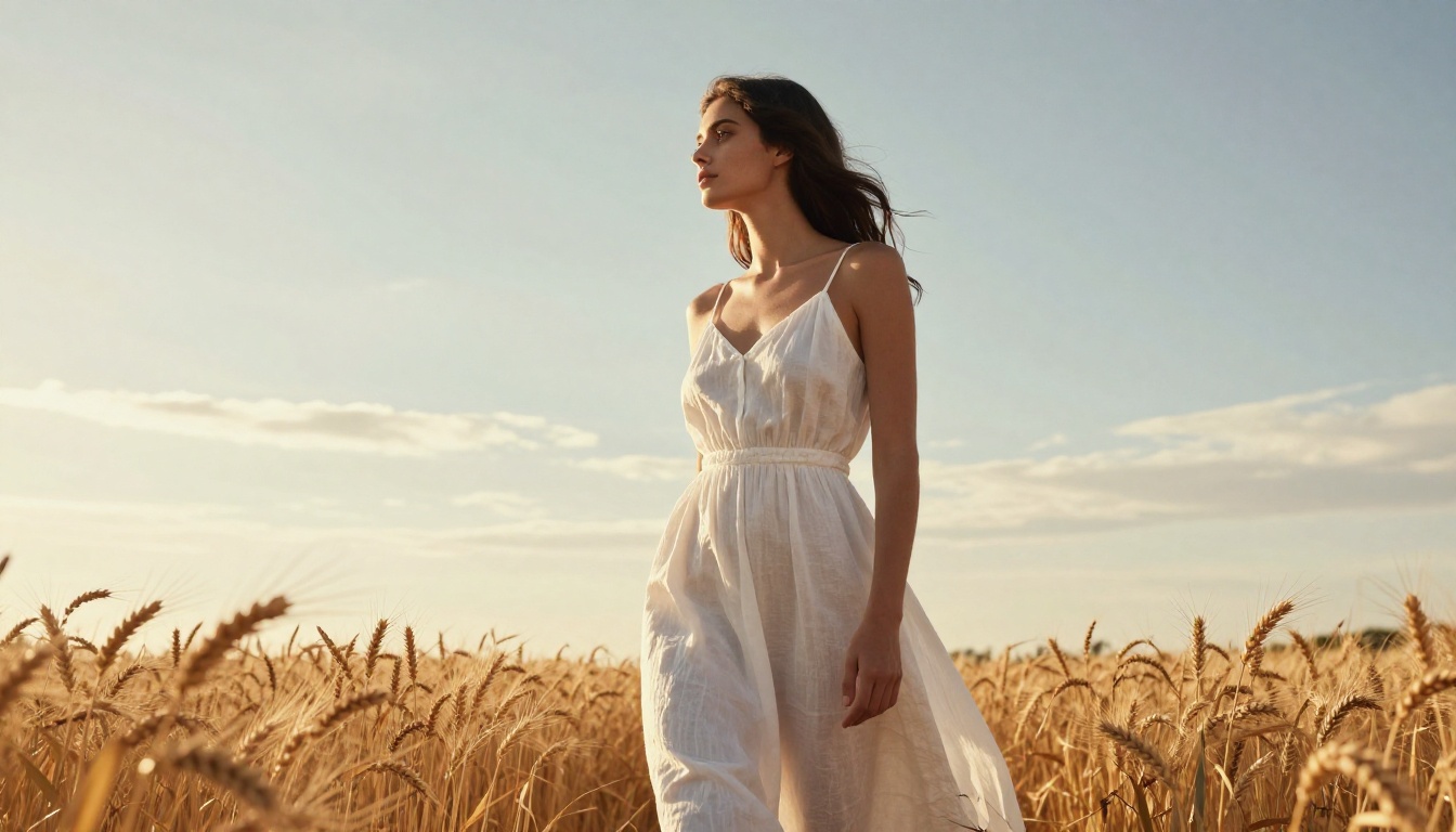 Fashion editorial photograph of a woman in a white linen sundress standing in a sunlit wheat field at golden hour, photographed from a low angle with natural backlighting creating a warm rim light around her hair