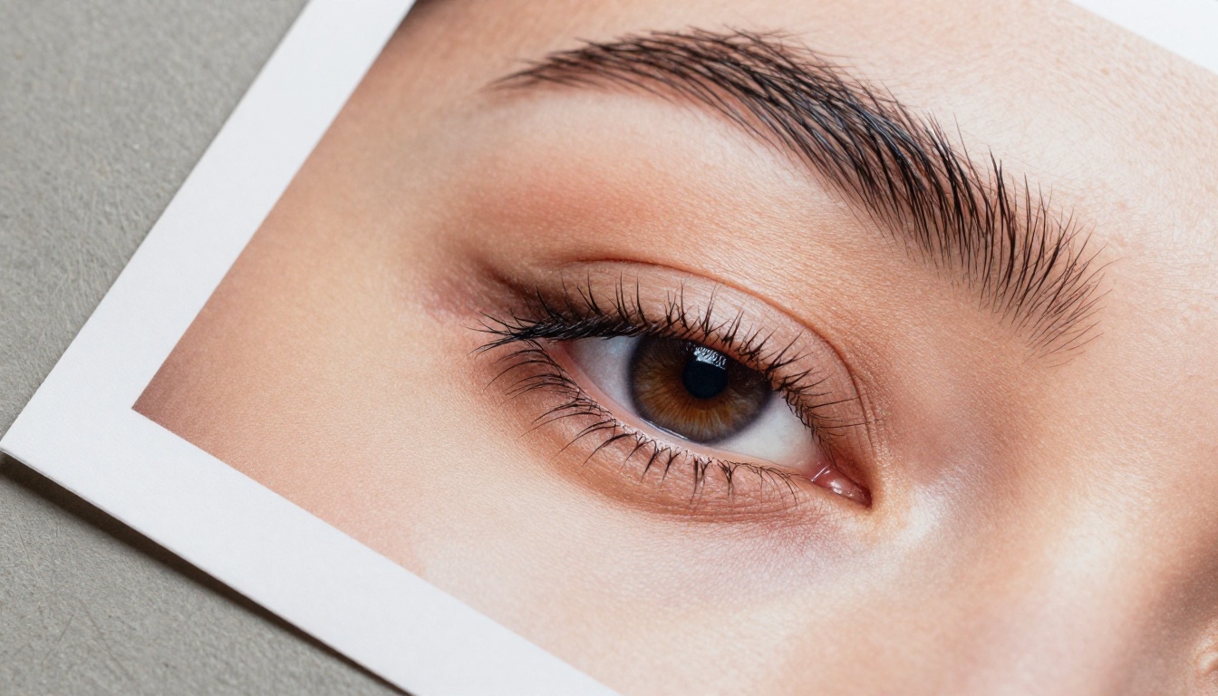 Close-up photograph of a high-resolution photographic printout pinned to a plywood wall showing fine pore detail on skin and paper fiber texture revealed by raking daylight from the upper left