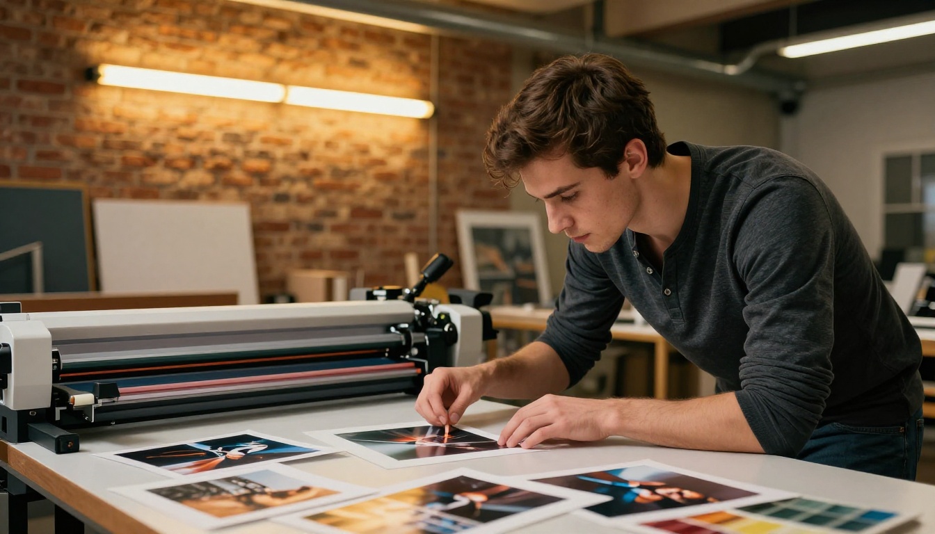 A young man in a creative studio with exposed brick walls leaning over a large format printing table comparing two photographs with precise hand movements A young man in a creative studio with exposed brick walls leaning over a large format printing table comparing two photographs with precise hand movements