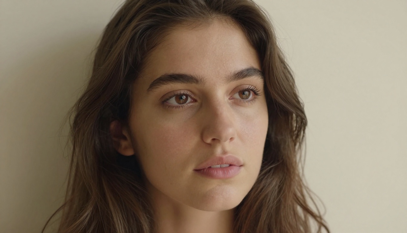 Close-up portrait of a young woman with olive skin and natural lighting, sharp eyelash and pore detail visible