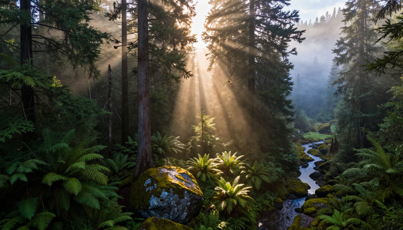 Wide aerial drone photograph of a Pacific Northwest forest at dawn with mist layers and golden shafts of light through the canopy