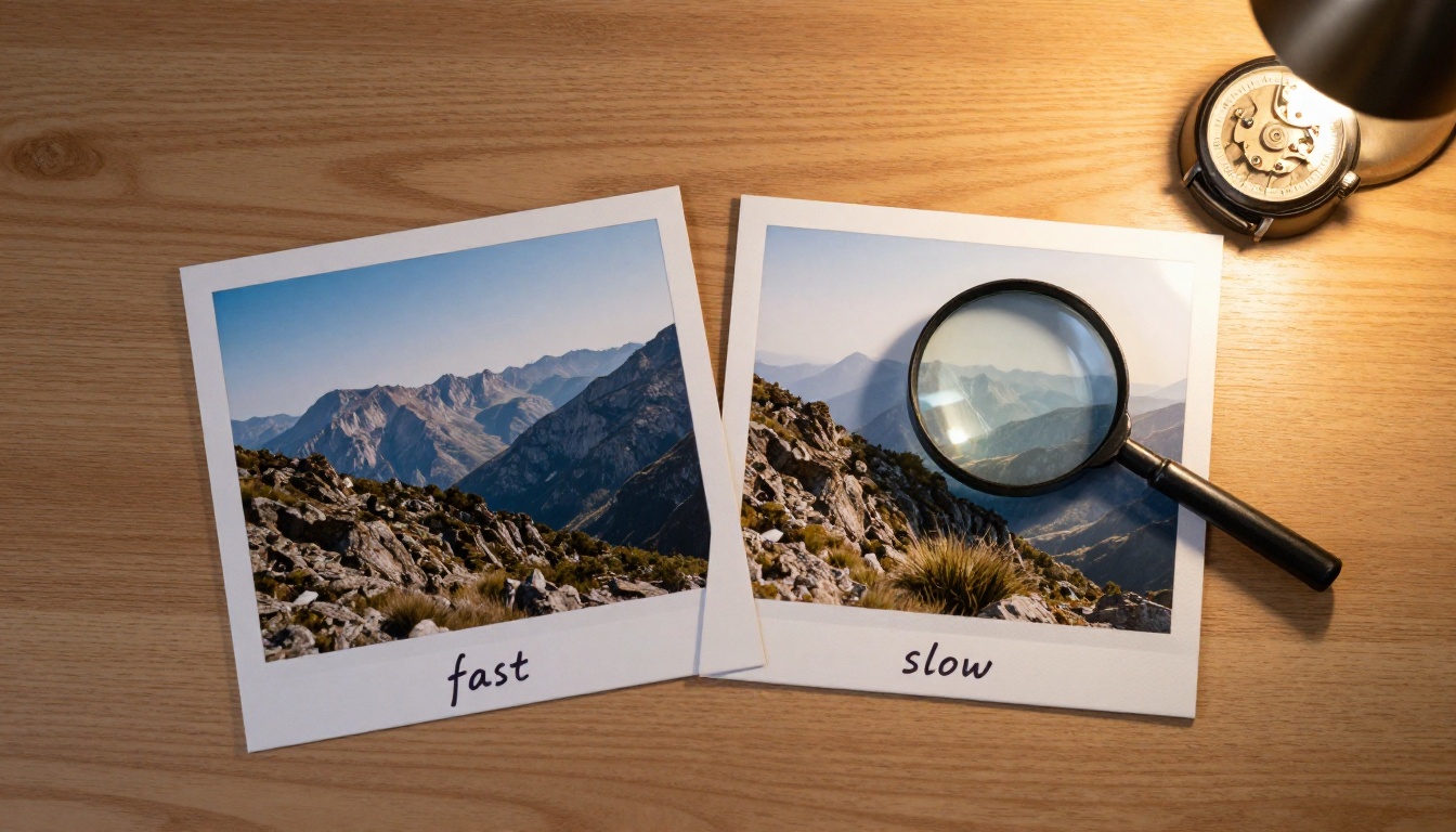A speed vs quality comparison laid out on a flat oak desk with a magnifying glass resting on the sharper print