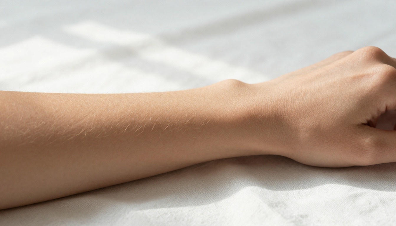 Macro close-up of a woman's forearm and hand on white linen fabric showing natural skin texture and fine detail