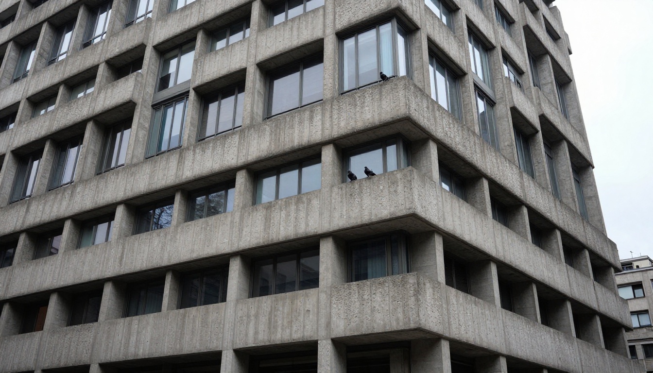 Low-angle street-level photograph of a brutalist concrete building facade in overcast morning light with pigeons on the ledge Low-angle street-level photograph of a brutalist concrete building facade in overcast morning light with pigeons on the ledge