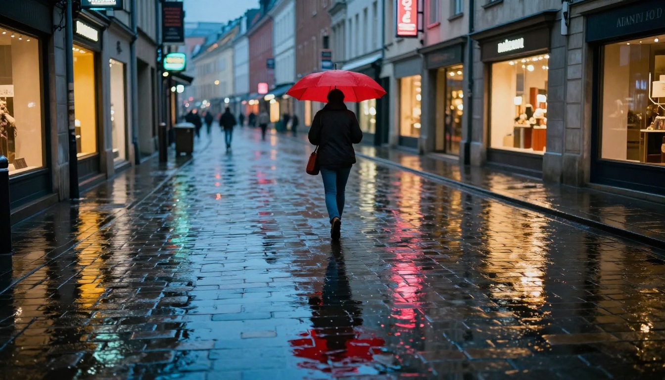Rain-soaked European cobblestone plaza at dusk with a red umbrella and warm neon reflections in the wet stones