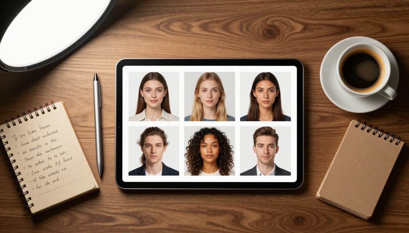 Overhead flat-lay of a walnut desk with a tablet displaying a grid of six AI portrait thumbnails at varying quality levels Overhead flat-lay of a walnut desk with a tablet displaying a grid of six AI portrait thumbnails at varying quality levels