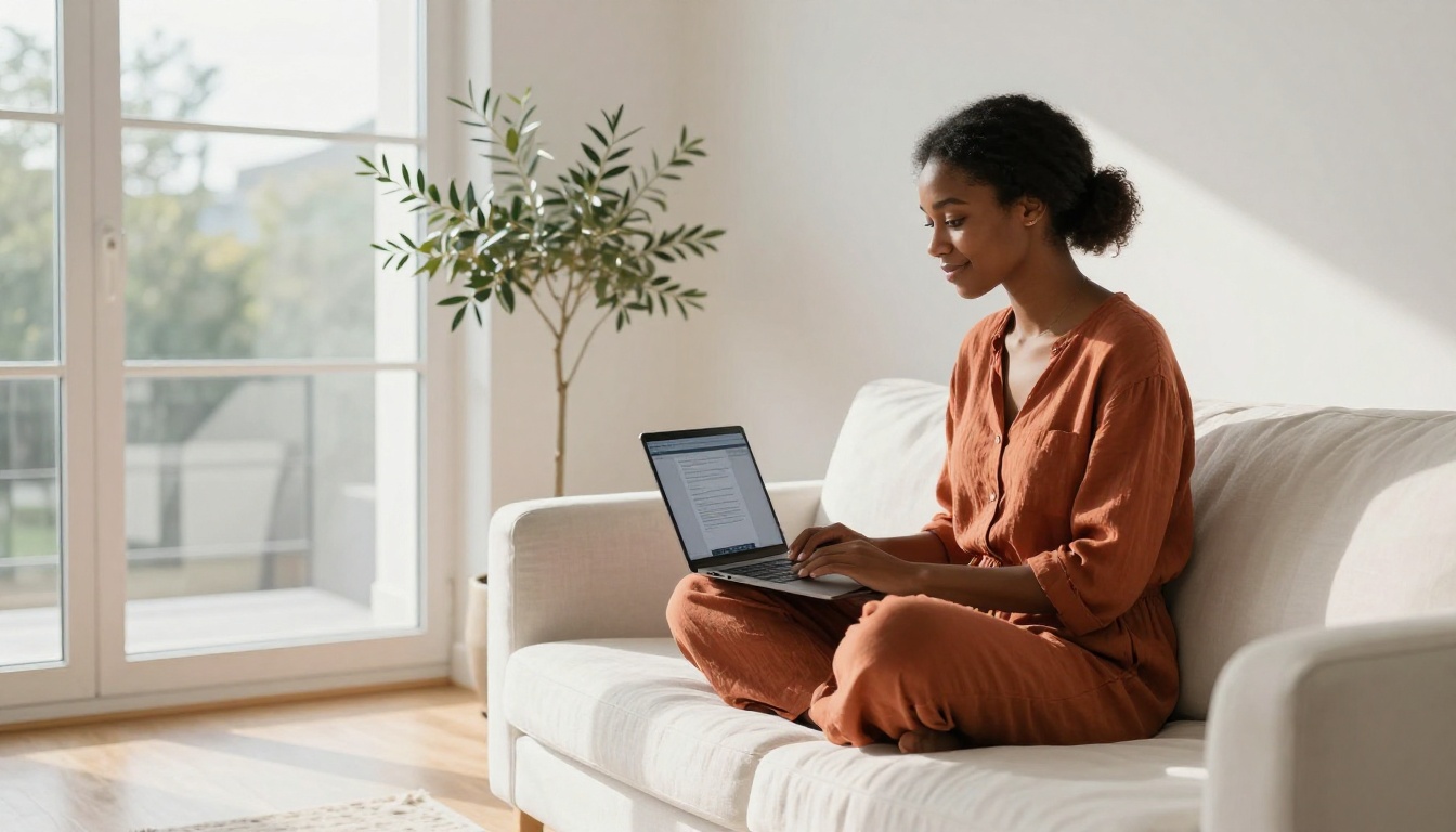 A young woman sitting cross-legged on a white sofa with a laptop showing an AI generation interface, warm morning light from the left A young woman sitting cross-legged on a white sofa with a laptop showing an AI generation interface, warm morning light from the left