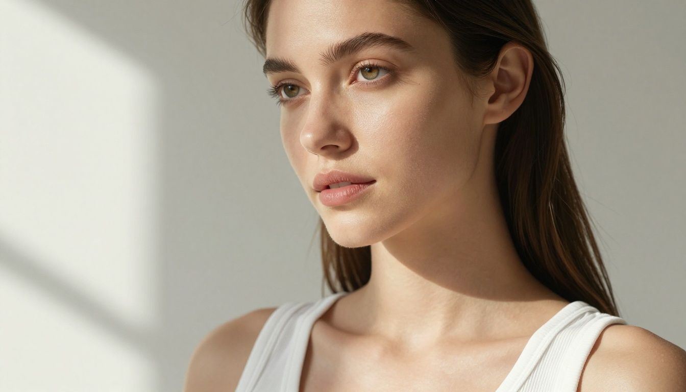 Stunning close-up portrait of a woman with flawless skin and high cheekbones in a minimalist photography studio with soft window light from the right
