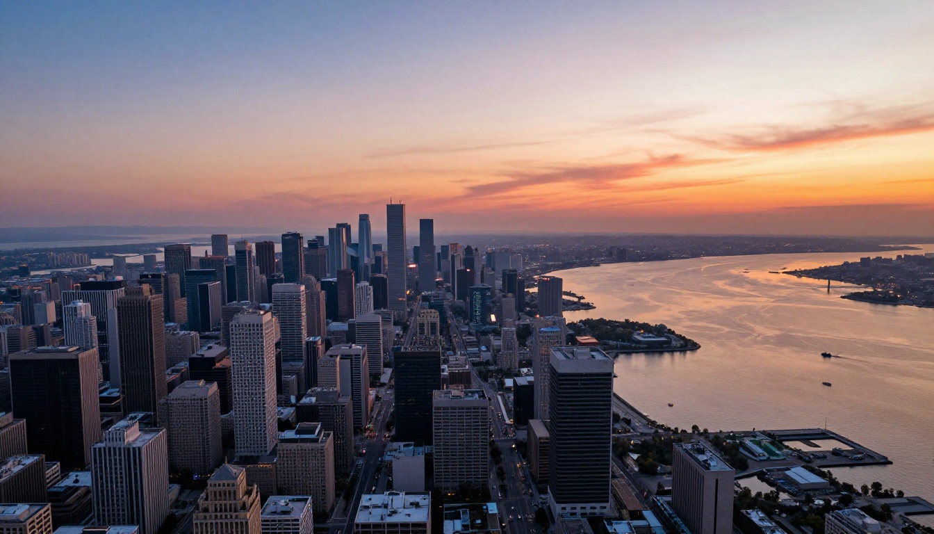 Aerial drone photograph of a sprawling coastal city at golden hour with orange and pink sky reflected on calm bay water below and skyscrapers casting long shadows