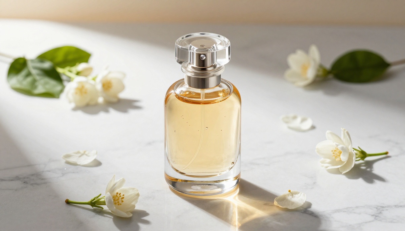 Luxury glass perfume bottle on polished white Carrara marble surface surrounded by fresh white jasmine flowers with directional studio light from upper-left