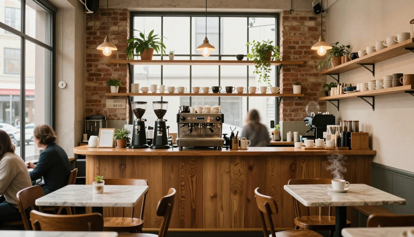 Cozy artisan coffee shop interior with warm diffused natural light through industrial windows, exposed brick walls and wooden furniture