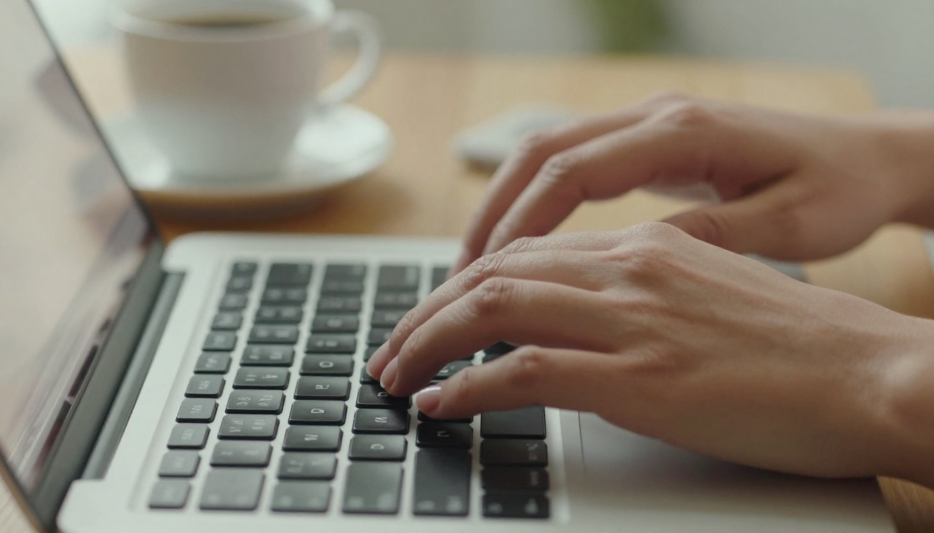 Close-up macro photograph of a woman's hands typing on a slim silver laptop keyboard with a ceramic espresso cup nearby on a light oak desk