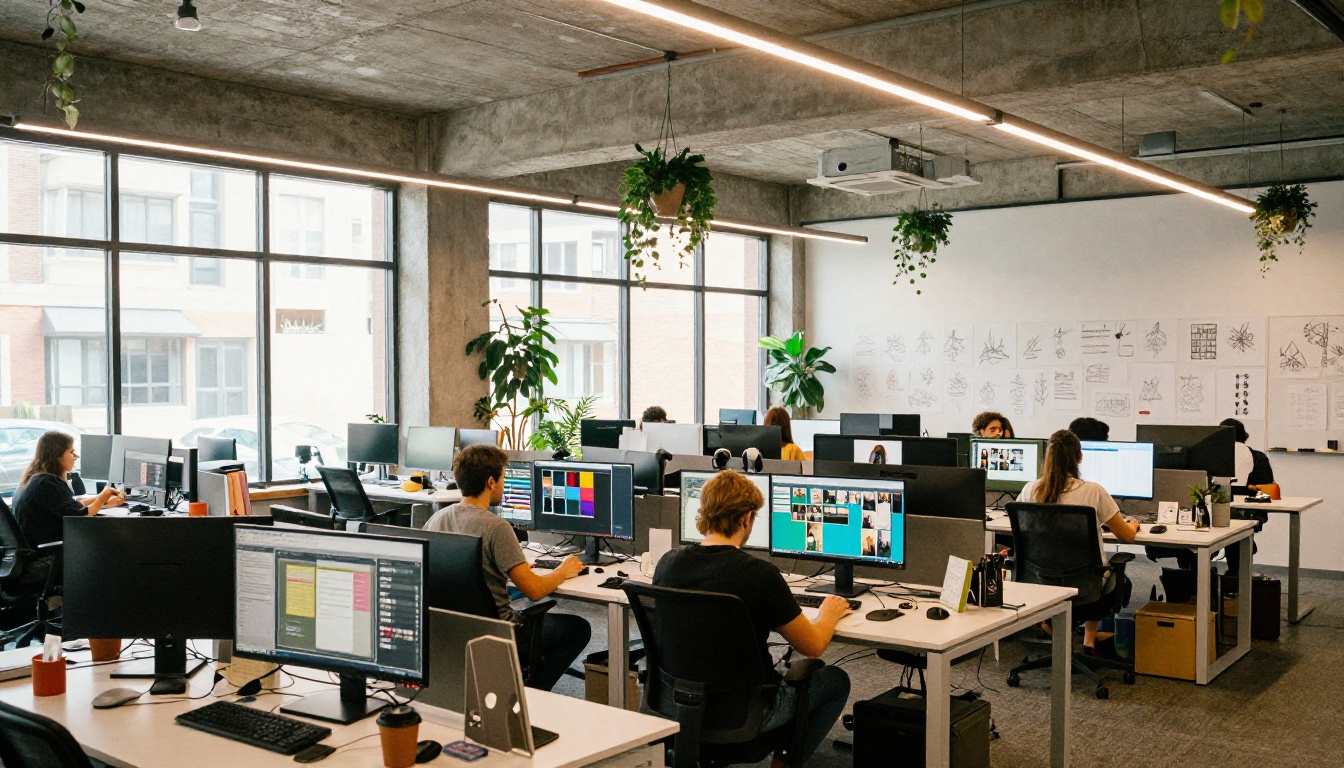 Modern creative agency open-plan office with young professionals working at monitors displaying colorful design projects in natural daylight