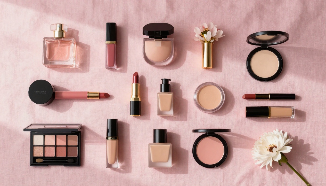 Beauty products flatlay for social media campaign