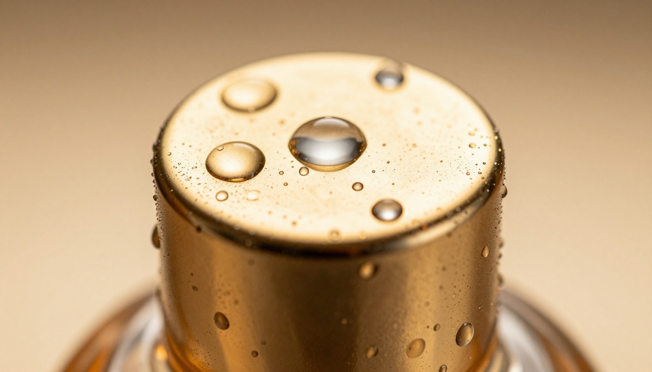 Macro close-up of a luxury perfume bottle with light refraction