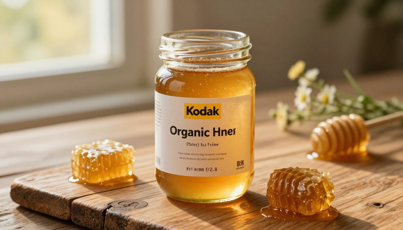 Artisan food product photography of honey jar on rustic wooden surface