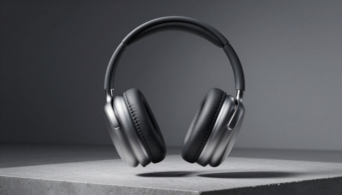 Consumer electronics product photography of wireless headphones on concrete