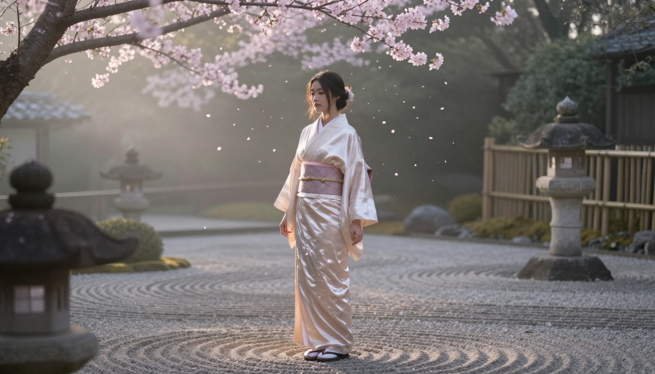 Woman in silk kimono dress with visible fabric texture detail in zen garden setting Woman in silk kimono dress with visible fabric texture detail in zen garden setting