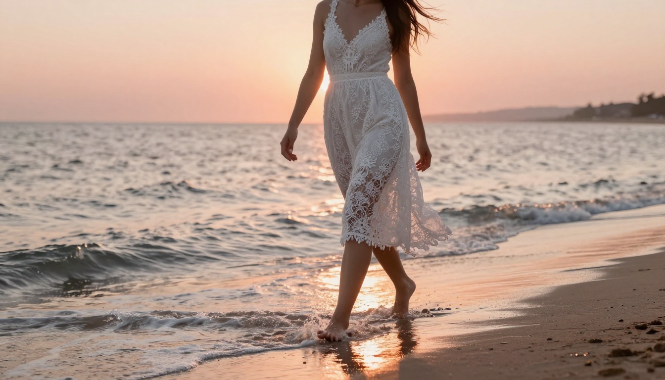 Low-angle beach model shot with lace dress detail and wave foam texture Low-angle beach model shot with lace dress detail and wave foam texture