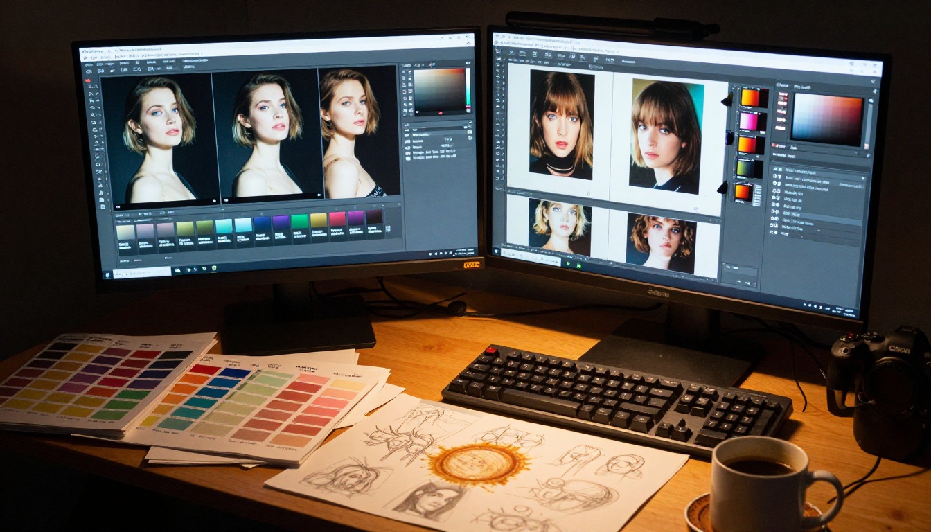 Design workstation with color palettes and typography specimens Design workstation with color palettes and typography specimens