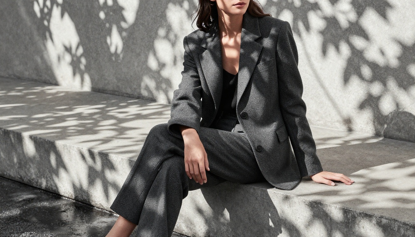 Fashion editorial woman in blazer with concrete texture background