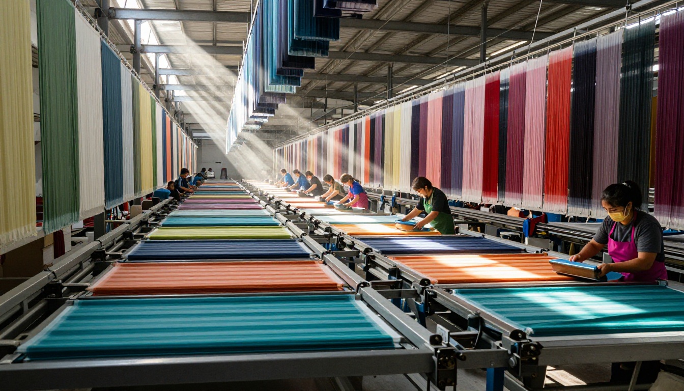 Industrial textile printing facility with dramatic light beams and workers
