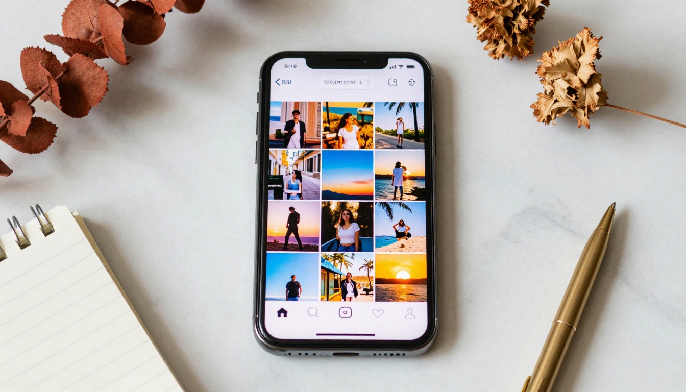 Flat lay of smartphone showing colorful Instagram grid placed on white marble surface with dried flowers and gold pen, overhead shot, soft window light