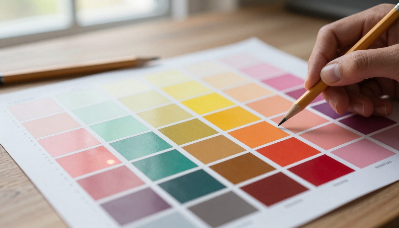 Pantone color swatches in vibrant social media tones arranged on designer desk, 100mm macro lens, shallow depth of field, soft window light