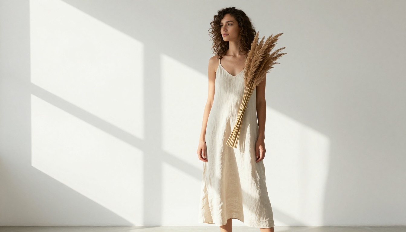 Fashion content creator in cream linen sundress in minimalist white studio with venetian blind shadow patterns, pampas grass, editorial morning light