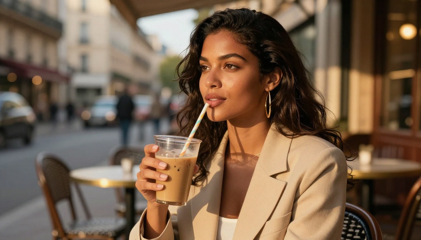 Woman with radiant dark skin at Parisian café patio holding iced coffee at golden hour, warm amber rim light, 85mm lens, bokeh background