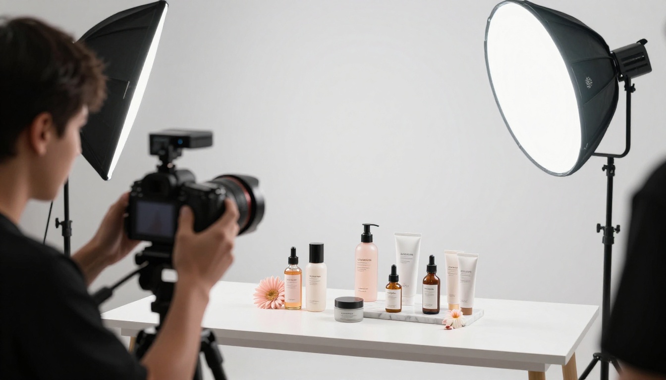 Product photography studio setup with ring light, skincare products on marble tray, camera on tripod, clean white seamless backdrop