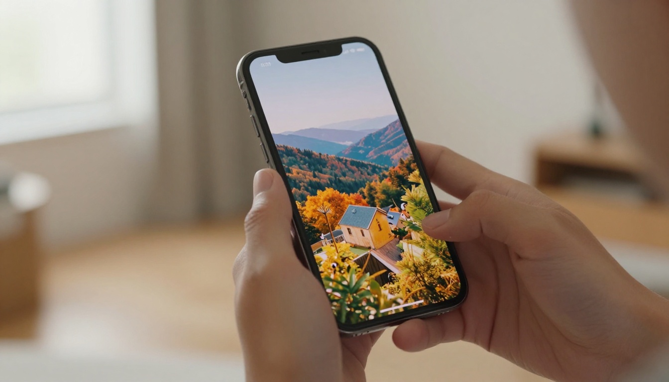 Close-up of smartphone held in hands showing vibrant AI-generated travel photograph on screen, soft amber indoor light, 50mm lens