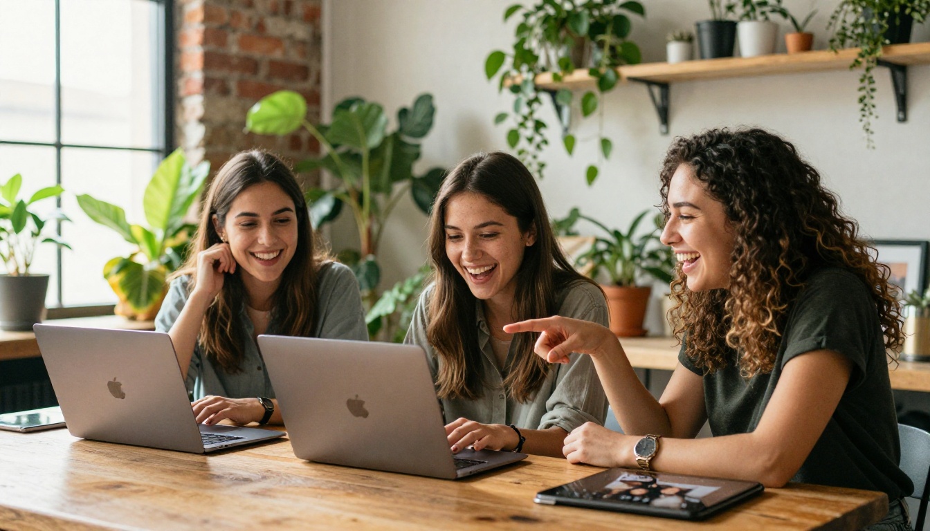 Three women content creators laughing together at laptop in bright co-working space, lush hanging plants, exposed brick wall, natural window light, candid moment