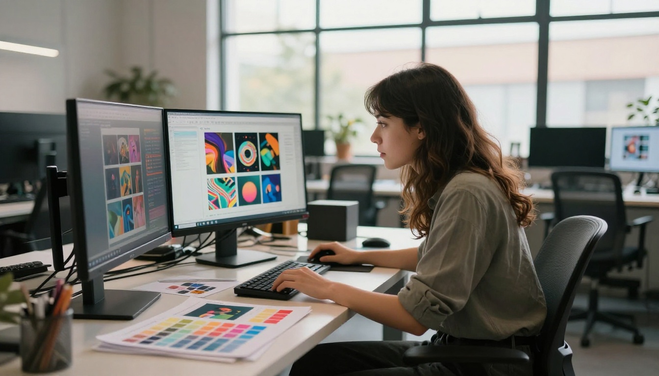 A designer studying AI image results across multiple monitors in a modern creative office
