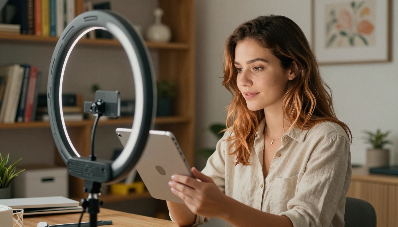 Content creator reviewing AI generated images on tablet with ring light in home studio