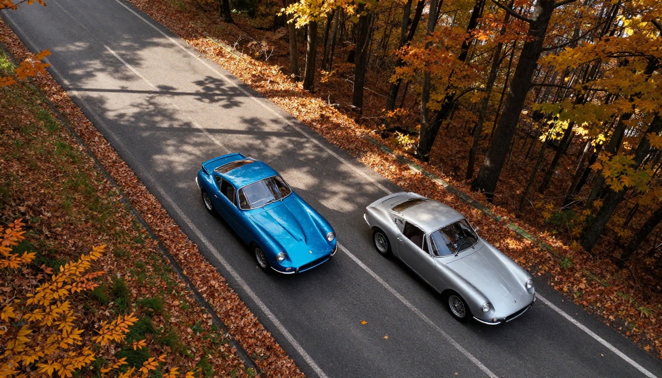 Aerial overhead shot of two cars racing on an autumn mountain road, illustrating speed comparison between approaches