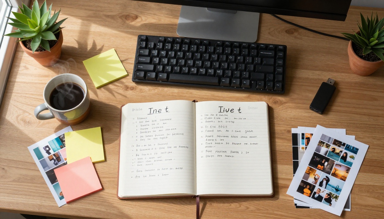 Overhead flat-lay of a creative freelancer's desk with keyboard, handwritten prompt notebook, coffee, sticky notes, and printed photo strips