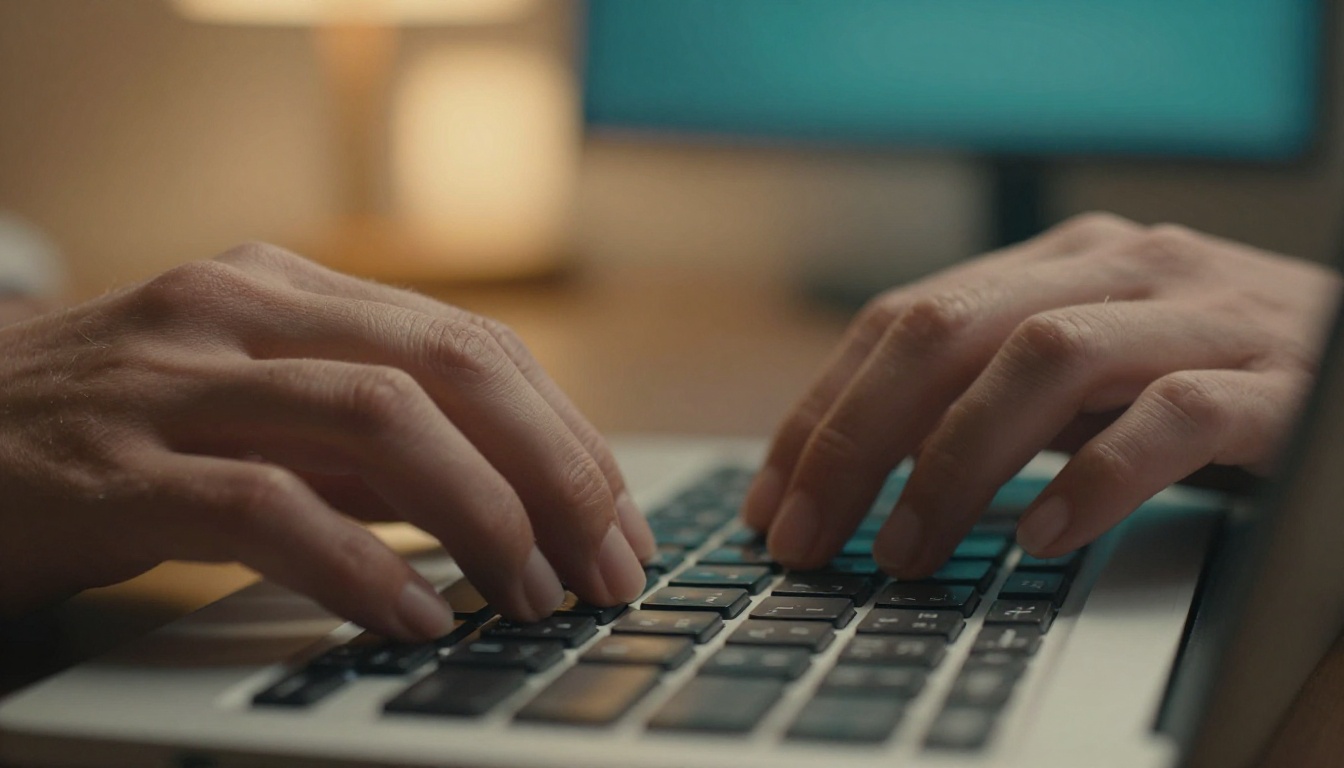 Close-up of hands typing on a backlit mechanical keyboard with warm amber bokeh background from a glowing monitor