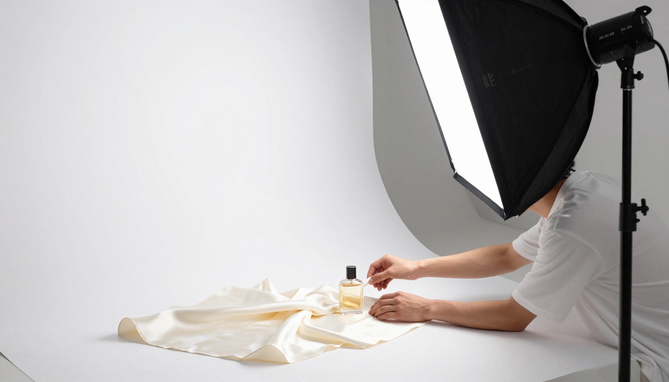 A product photographer arranging a perfume bottle on a white seamless background in a professional studio with single softbox lighting
