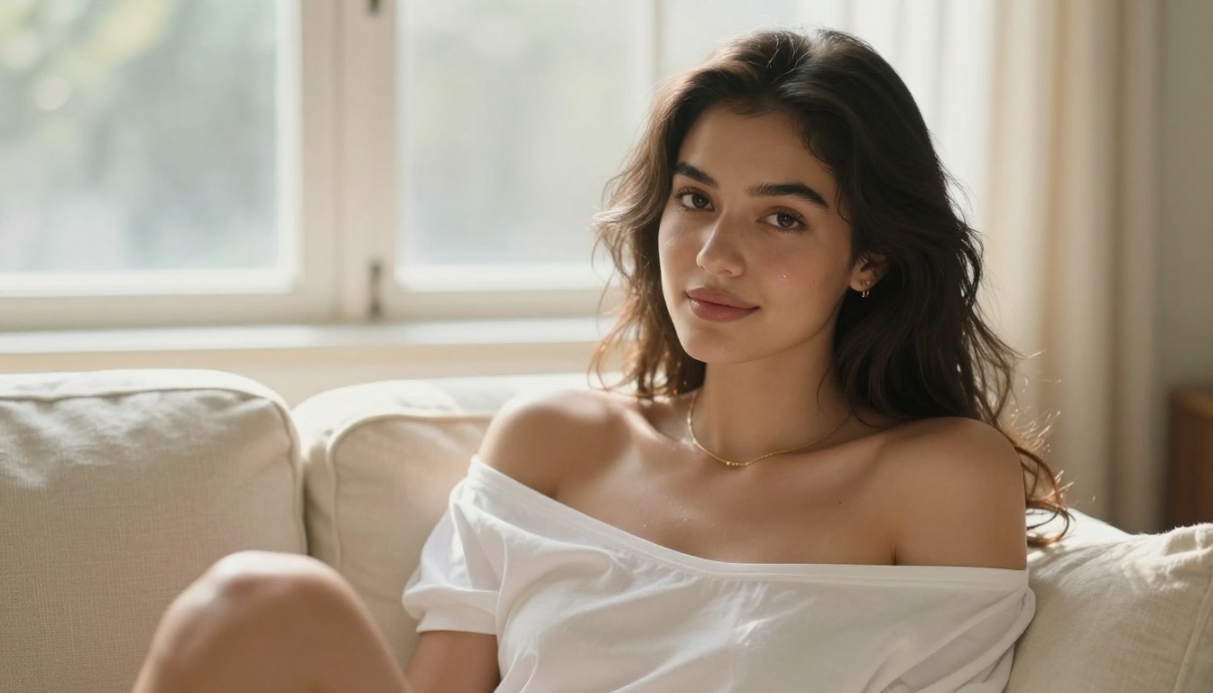 A young woman in natural morning window light, relaxed glamour portrait wearing a white off-shoulder top with soft warm cream tones