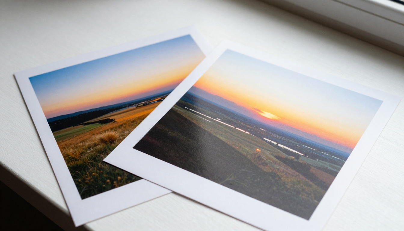 Comparison of AI-generated image prints side by side on a linen surface