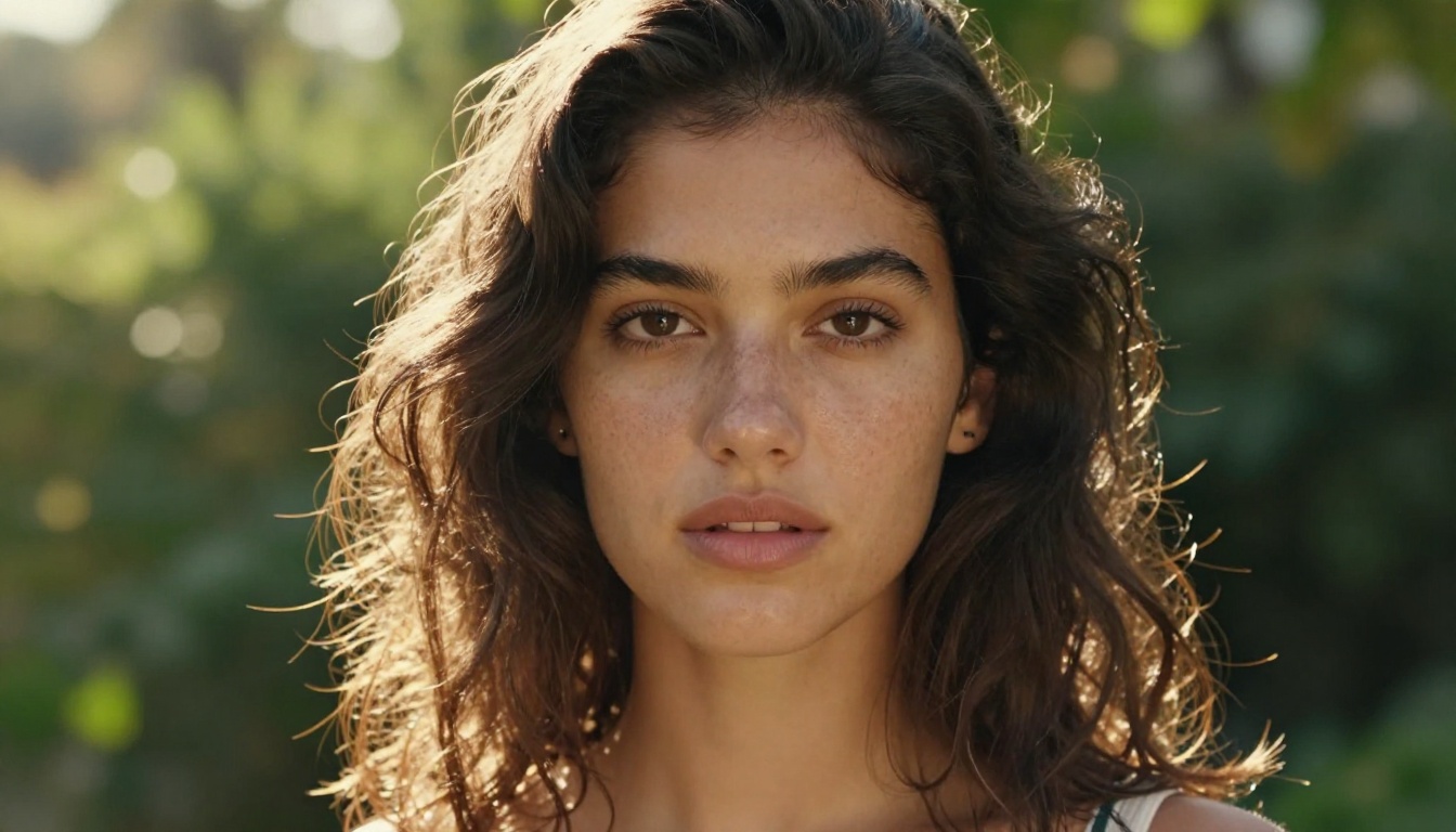 Close-up portrait of a woman with natural warm lighting and skin texture detail
