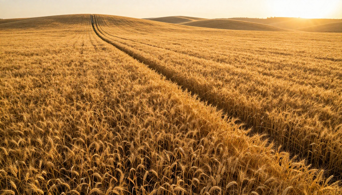 Wide aerial view of a golden wheat field at magic hour with long shadows
