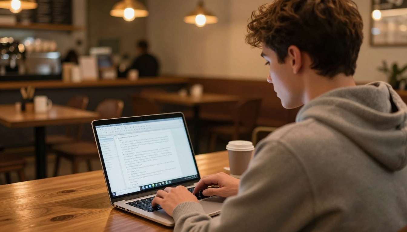 Person writing AI image prompts on a laptop in a warm coffee shop