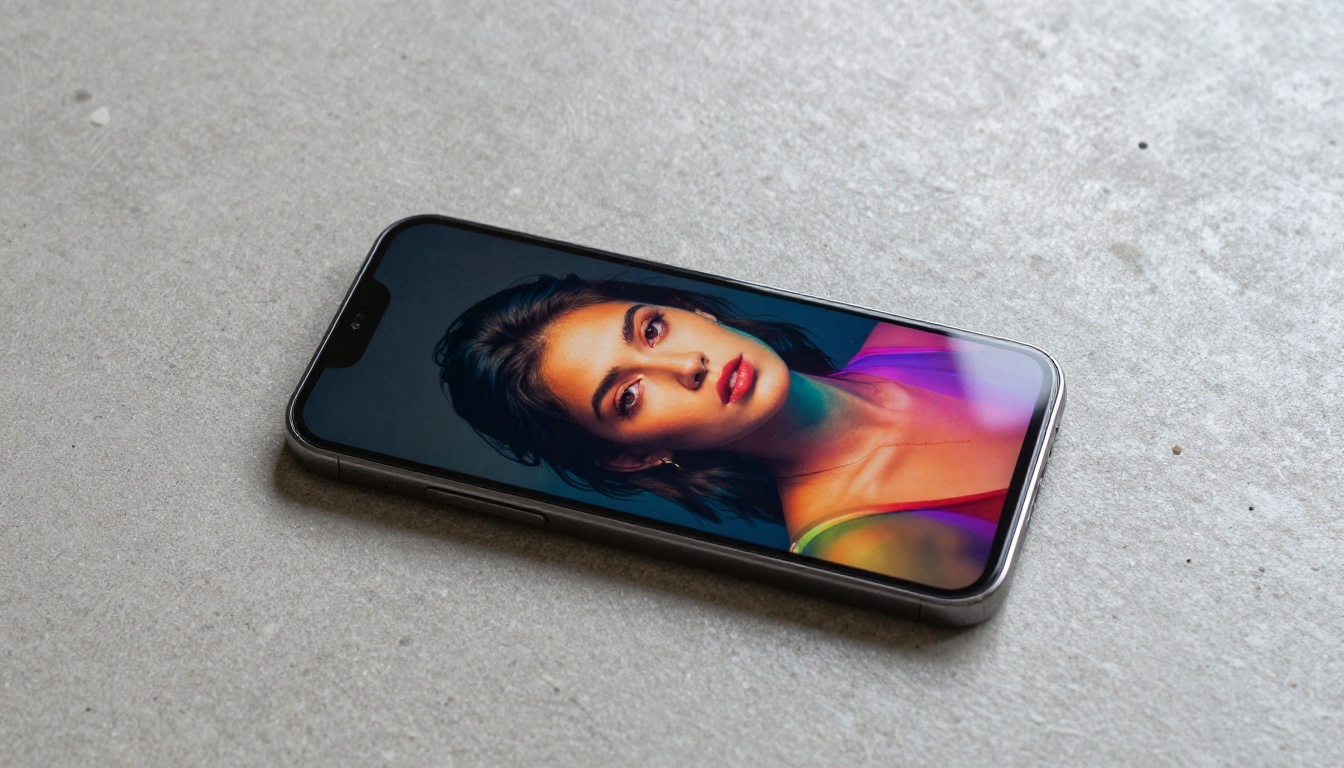 Smartphone on concrete surface displaying vibrant AI-generated portrait