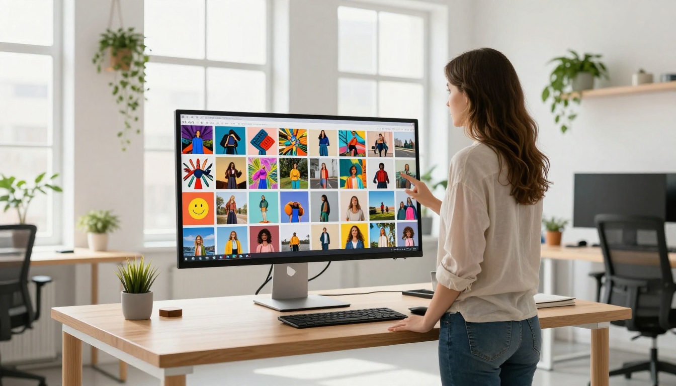 Creative professional reviewing AI-generated images on a large monitor in a bright office