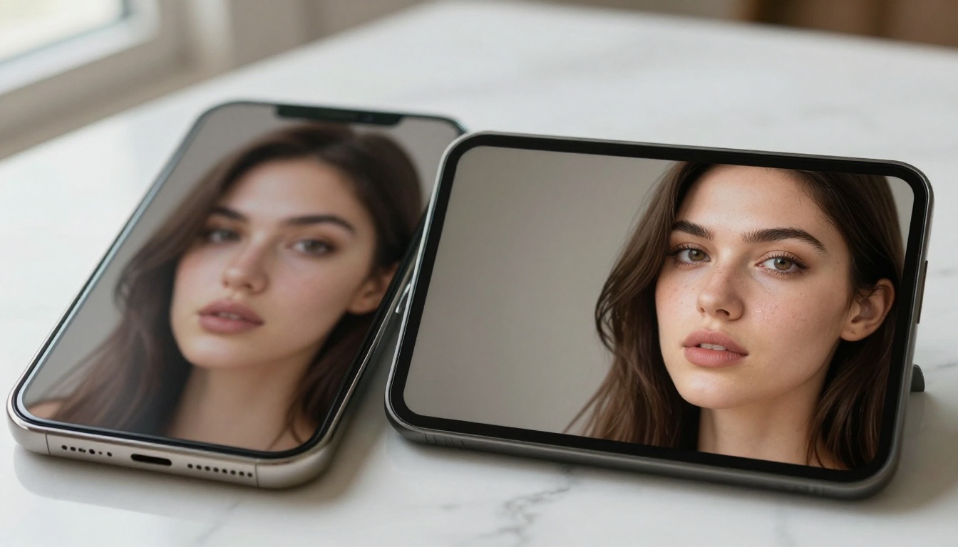 Two smartphone screens side by side on marble comparing AI image quality outputs, photorealistic 8K