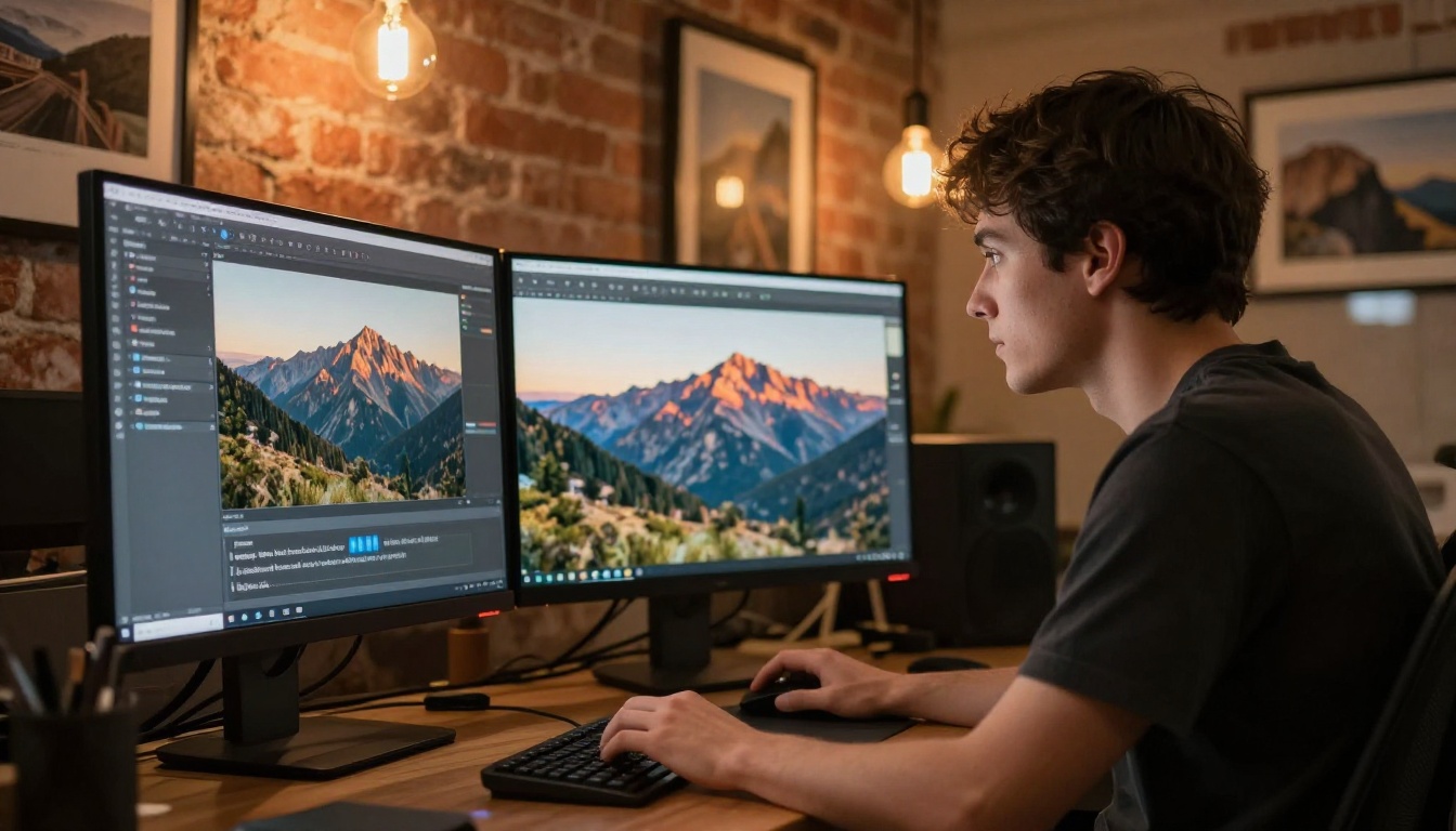 A graphic designer at dual monitors, one showing a prompt interface, the other a generated landscape, warm studio light