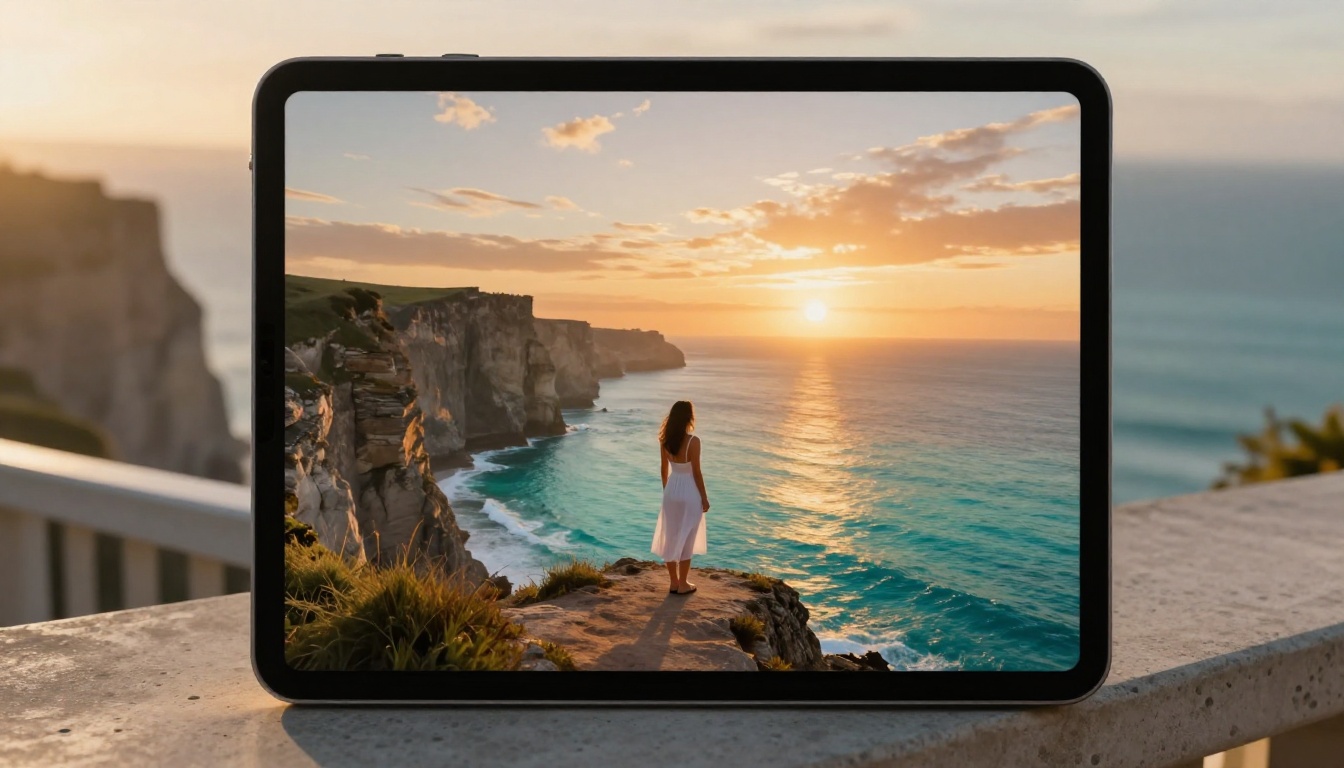 A tablet on a concrete balcony railing showing an AI-generated coastal landscape at sunrise, real ocean blurred behind